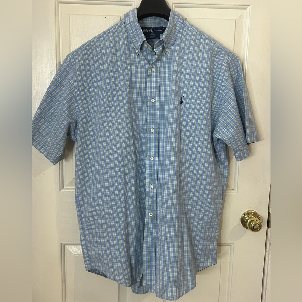 VTG Ralph Lauren Mens Blake Shirt L Light Blue Plaid Short Sleeve Button Down - Picture 2 of 7
